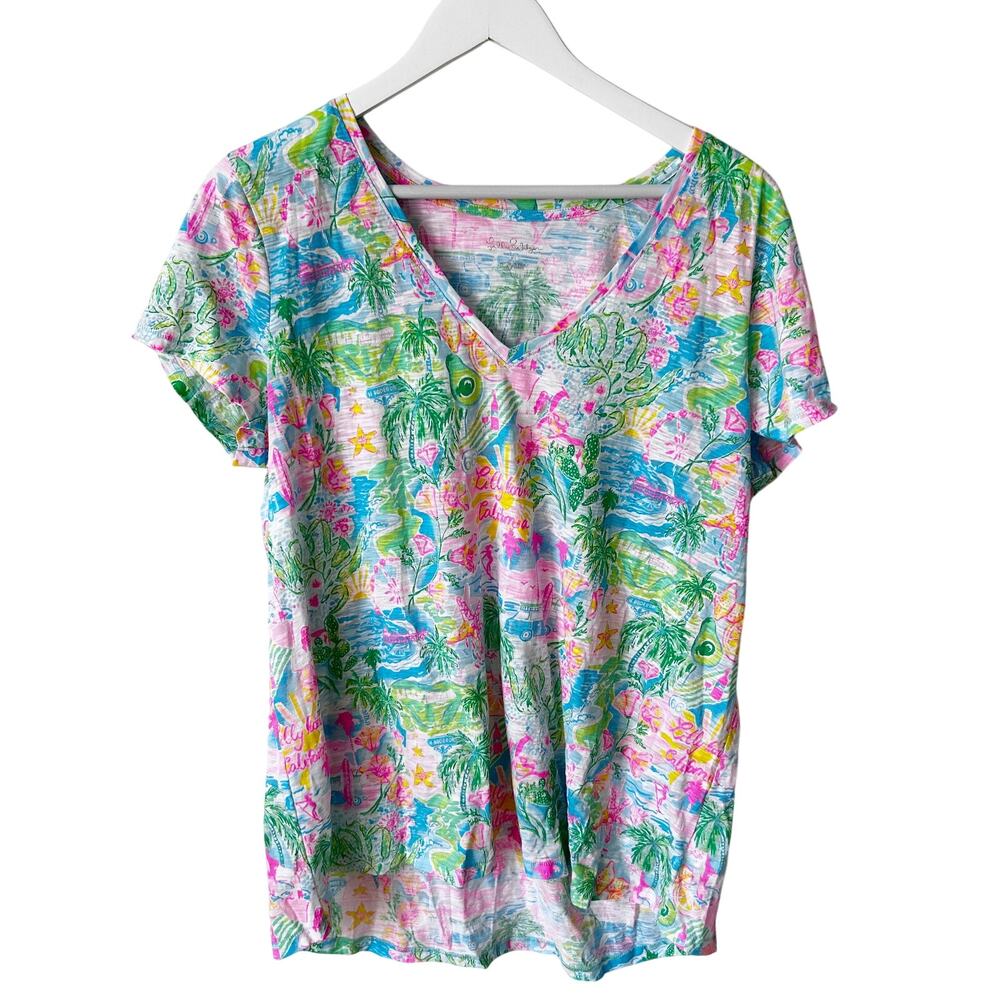 Lilly Pulitzer Etta V-Neck T-Shirt Size XL Lilly Loves California Cotton Bright